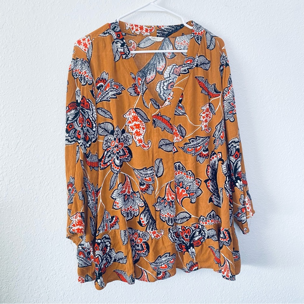 🍓 Cato Boho Floral V-Neck Popover Ruffle Hem 3/4 Sleeve Blouse 3X